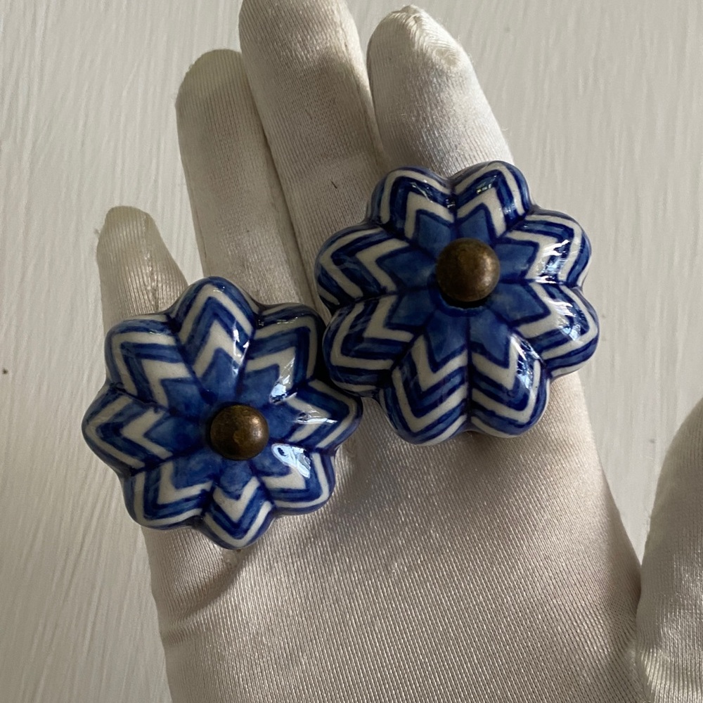 Blue White Flower Ceramic Drawer Cabinet Knob Brass Set Hand Painted Set of 2